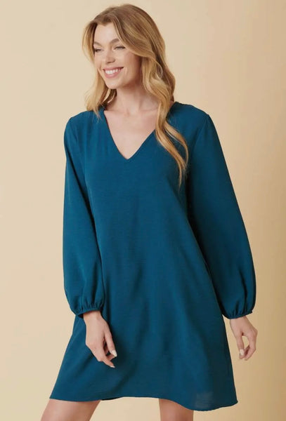 Teal V Neck Balloon Sleeve Dress