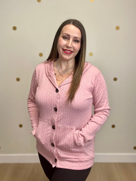 Rose Button Detailed Hooded Sweater Cardigan