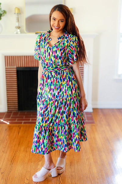 All For You Navy Multicolor Abstract Print Smocked Waist Maxi Dress - Online Only!
