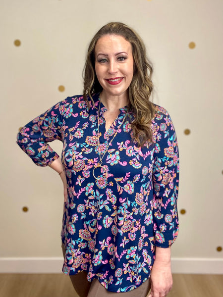 Navy Multi Floral Top