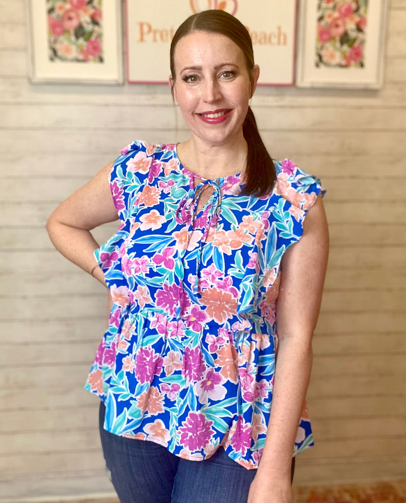 FINAL SALE Beautiful Blue Multi Floral Print Ruffle Sleeve Top