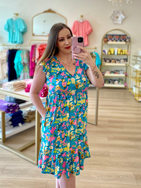 FINAL SALE Aqua Multicolor Floral Print Pocket Dress