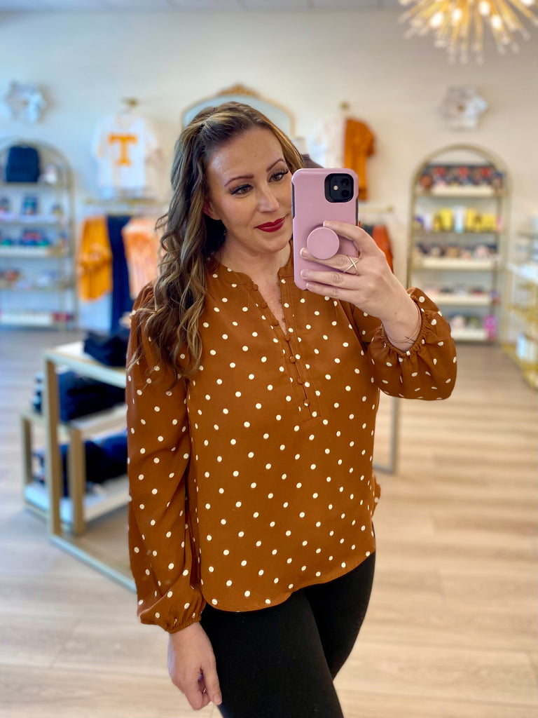 Mocha Polka Dot Button Top