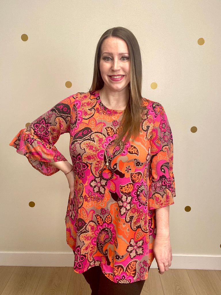 FINAL SALE Fuchsia & Orange Paisley Floral Bell Sleeve Top