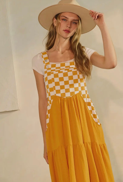 Orange Checkered Overall Pocket Dress