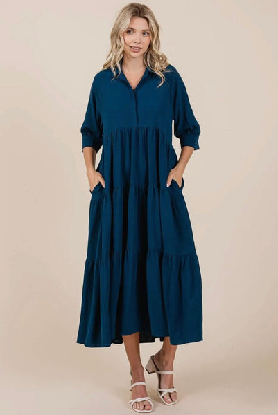 Teal Button Tiered Maxi Dress