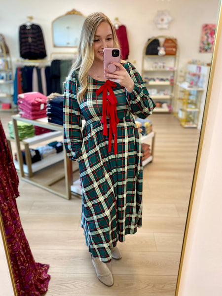 FINAL SALE Green & Red Plaid Bow Detail Midi Dress