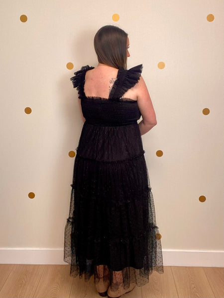 FINAL SALE Black Polka Dot Chiffon Smocked Tiered Dress