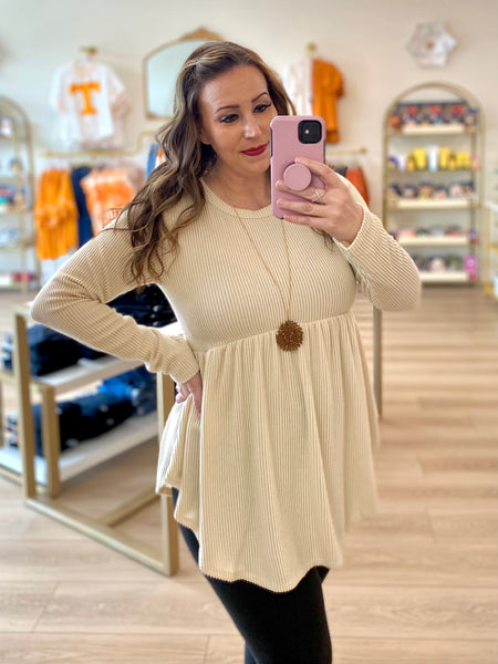 Cream Ribbed Peplum Top