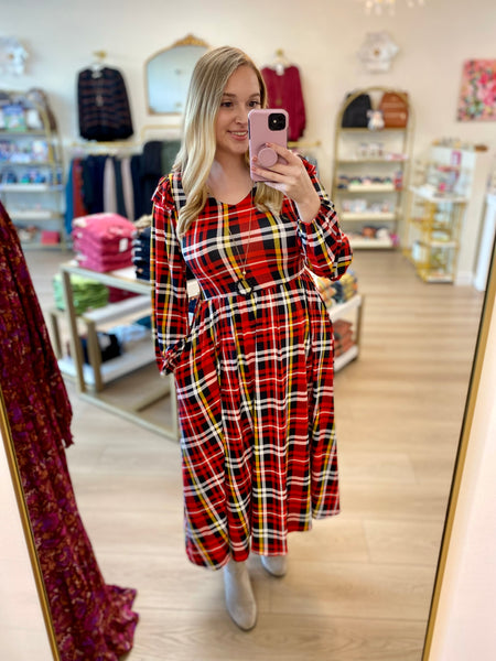 FINAL SALE Red & Black Plaid Shoulder Ruffle Midi Dress