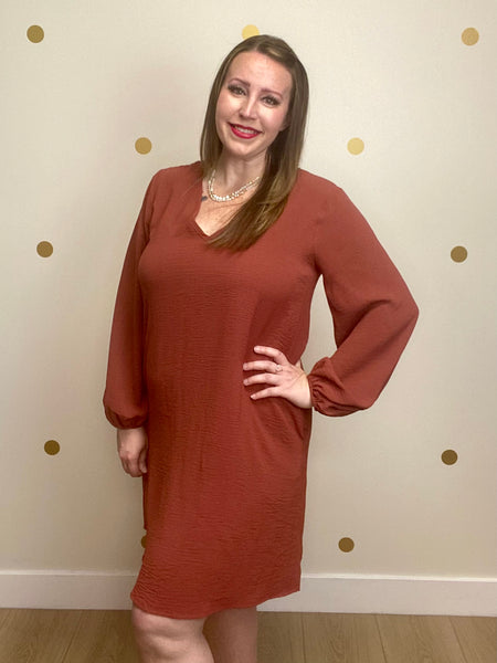 Cinnamon V Neck Balloon Sleeve Dress