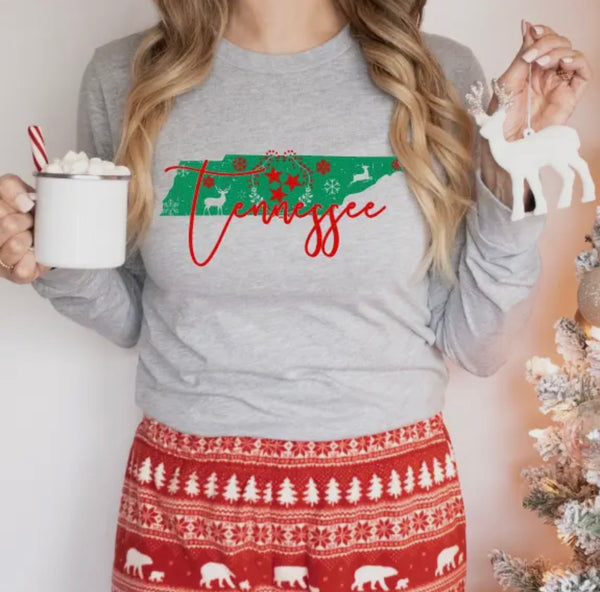 FINAL SALE Gray Tennessee State Tristar Christmas Long Sleeve Tee