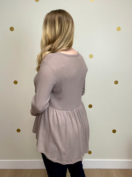 Taupe Button Peplum Waffle Top