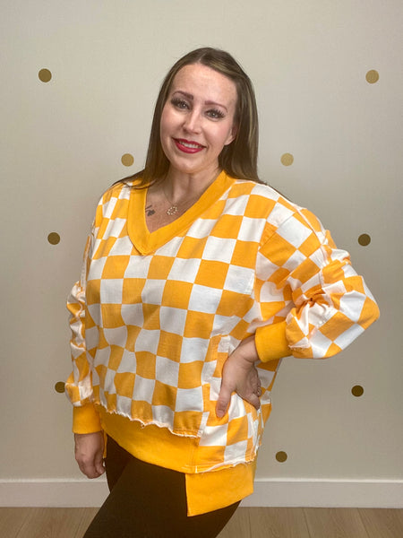 Oversized Orange Checkered Distressed Sweatshirt
