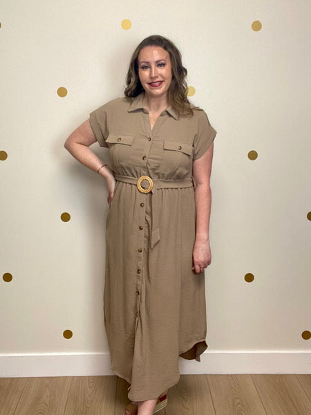 Mocha Collared Button Down Belted Midi Dress