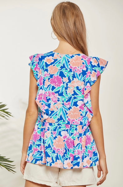 FINAL SALE Beautiful Blue Multi Floral Print Ruffle Sleeve Top