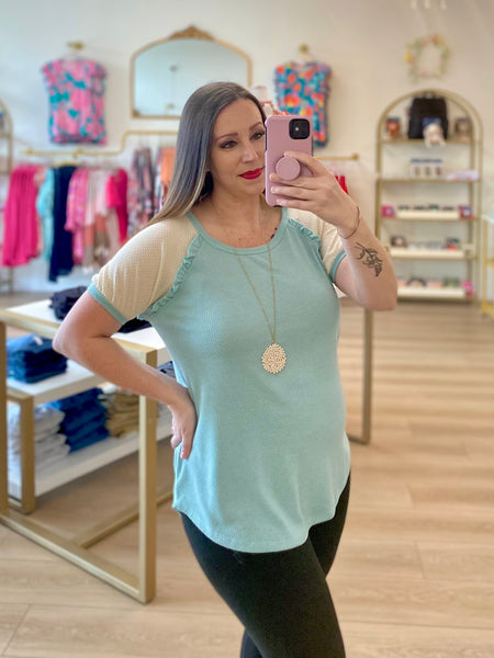 FINAL SALE Mint Textured Ruffle Detail Top