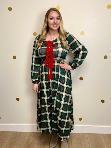 FINAL SALE Green & Red Plaid Bow Detail Midi Dress