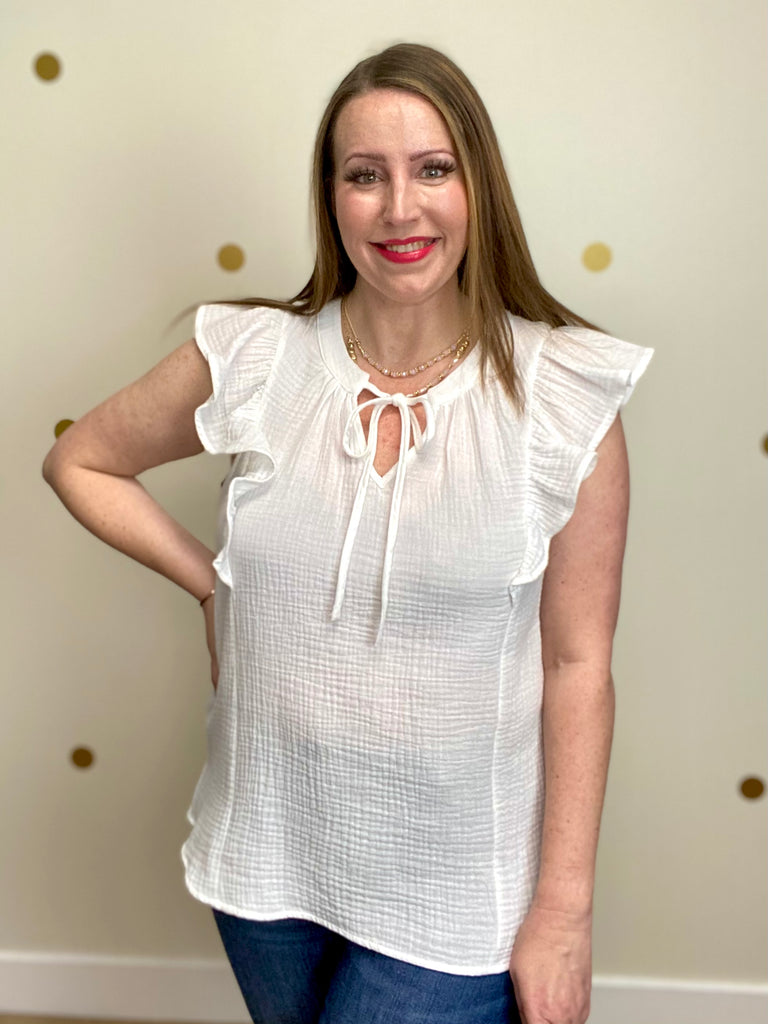 FINAL SALE Ivory Cotton Crinkle Flutter Sleeve Top