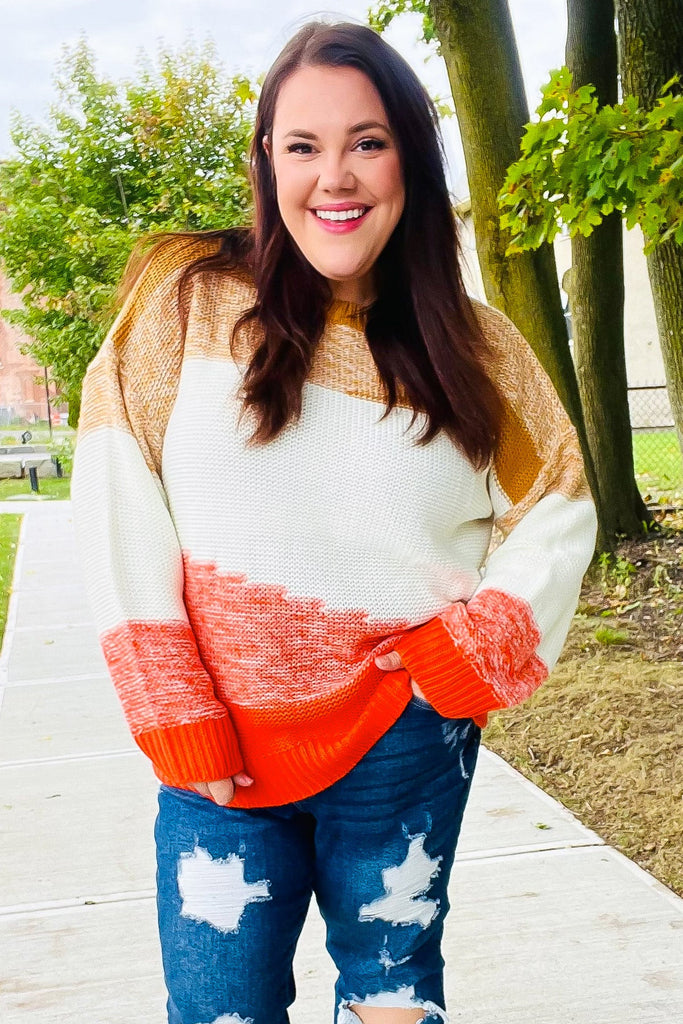 Adorable You Camel & Orange Color Block Sweater - Online Only!