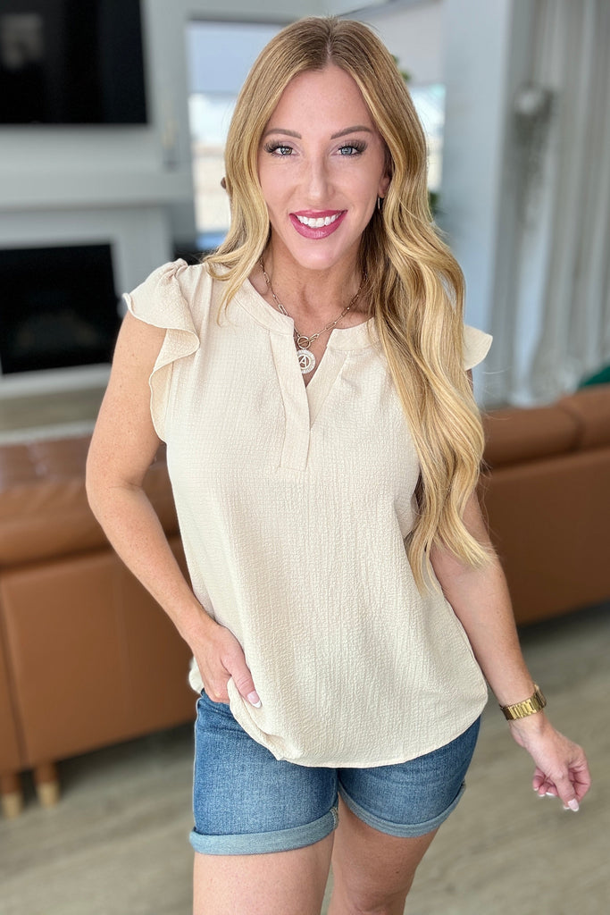 Crinkle Split Neckline Flutter Sleeve Top in Taupe - Online Only!