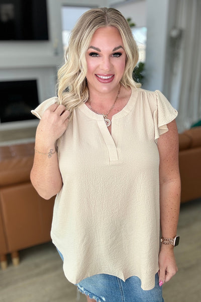 Crinkle Split Neckline Flutter Sleeve Top in Taupe - Online Only!