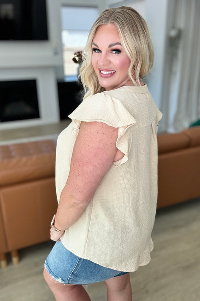 Crinkle Split Neckline Flutter Sleeve Top in Taupe - Online Only!
