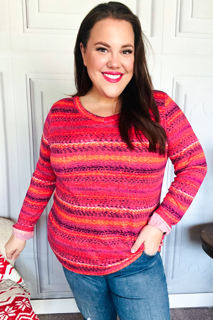Be Bold Flame & Magenta Striped Cable Knit Print Hacci Top - Online Only!