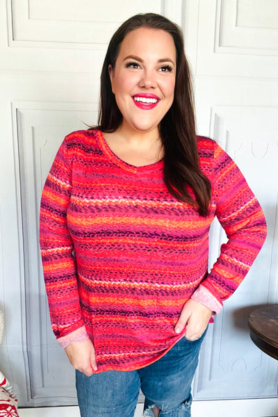 Be Bold Flame & Magenta Striped Cable Knit Print Hacci Top - Online Only!
