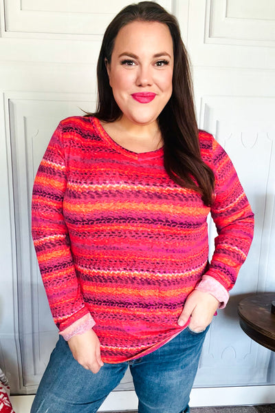 Be Bold Flame & Magenta Striped Cable Knit Print Hacci Top - Online Only!