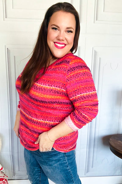 Be Bold Flame & Magenta Striped Cable Knit Print Hacci Top - Online Only!
