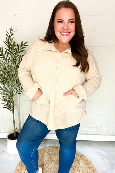 Easy Living Oatmeal Textured Knit Notch Neck Oversized Collar Sweater - Online Only!