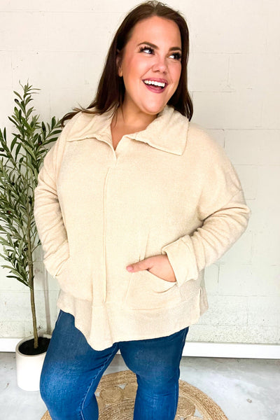 Easy Living Oatmeal Textured Knit Notch Neck Oversized Collar Sweater - Online Only!