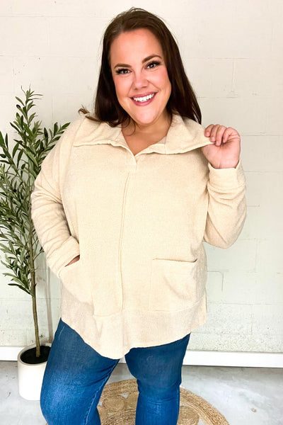 Easy Living Oatmeal Textured Knit Notch Neck Oversized Collar Sweater - Online Only!