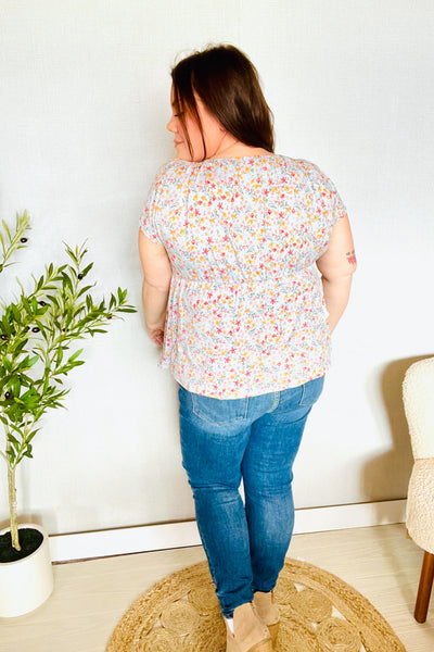 Be Charming Sky Blue Floral Print Elastic Neck Ribbon Tie Top - Online Only!