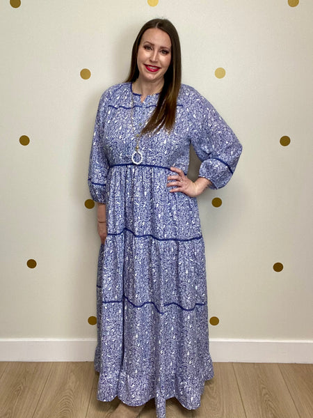 FINAL SALE Navy Animal Print Button Detail Tiered Maxi Dress