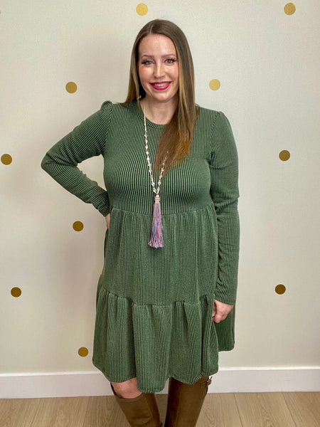 Olive Ribbed Tiered Dress