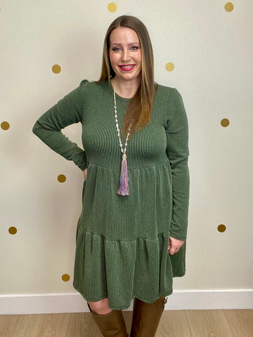 Olive Ribbed Tiered Dress