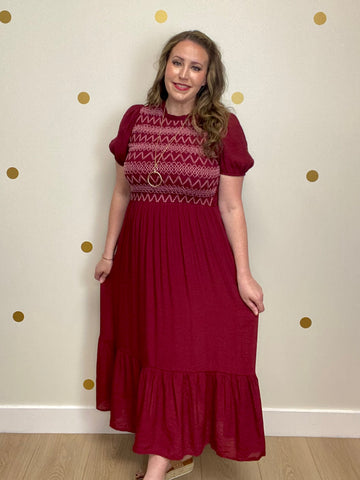 Wine Detailed Smocked Puff Sleeve Midi Dress