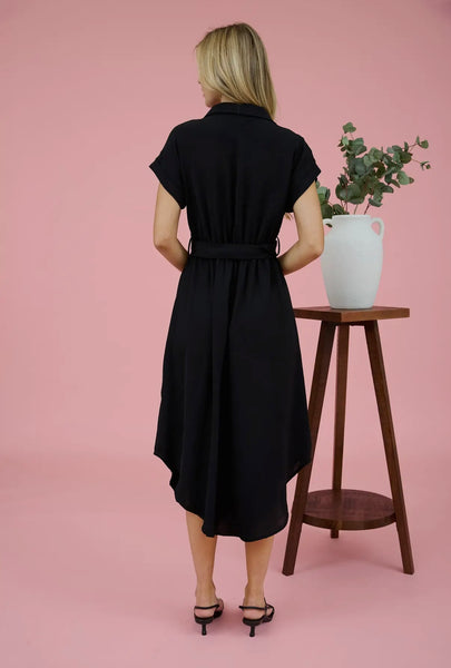 Black Collared Button Down Belted Midi Dress