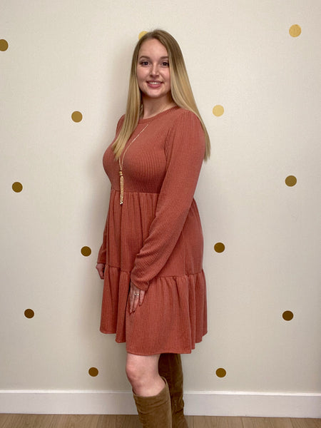 Rust Ribbed Tiered Dress