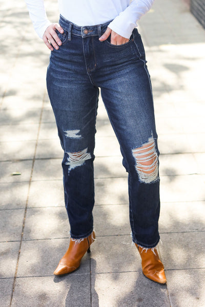 Judy Blue Dark Wash Mid Rise Distressed Straight Leg Jeans - Online Only!