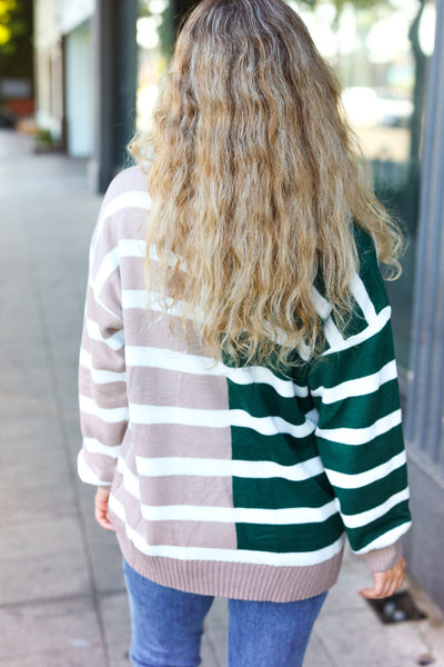Hunter Green & Taupe Striped Color Block Sweater - Online Only!