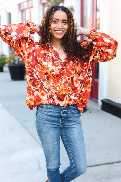 Fall Vibes Rust Floral Print Notched Neck Smocked Satin Top - Online Only!