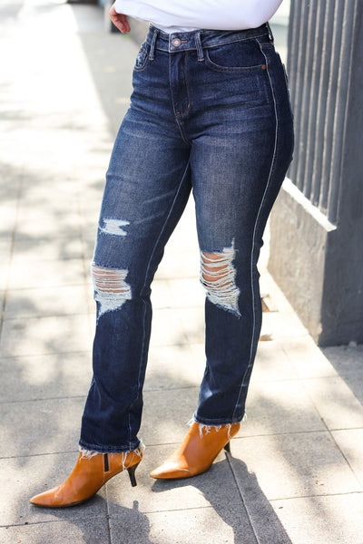 Judy Blue Dark Wash Mid Rise Distressed Straight Leg Jeans - Online Only!
