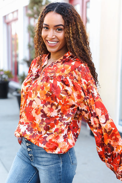 Fall Vibes Rust Floral Print Notched Neck Smocked Satin Top - Online Only!