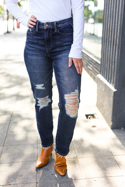 Judy Blue Dark Wash Mid Rise Distressed Straight Leg Jeans - Online Only!