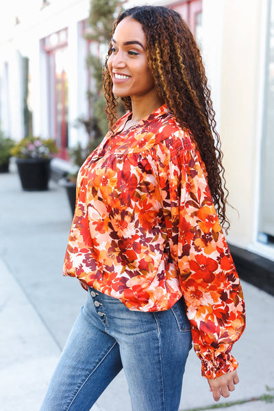 Fall Vibes Rust Floral Print Notched Neck Smocked Satin Top - Online Only!