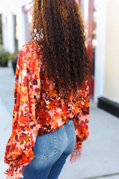 Fall Vibes Rust Floral Print Notched Neck Smocked Satin Top - Online Only!