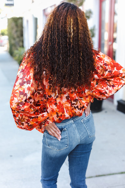 Fall Vibes Rust Floral Print Notched Neck Smocked Satin Top - Online Only!
